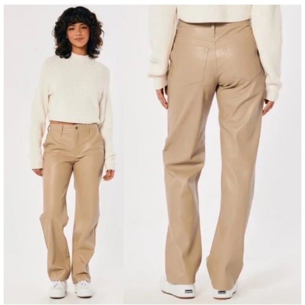 Hollister High Rise Wide Leg Faux Leather Pants Womens 9R w29 Camel Stretch